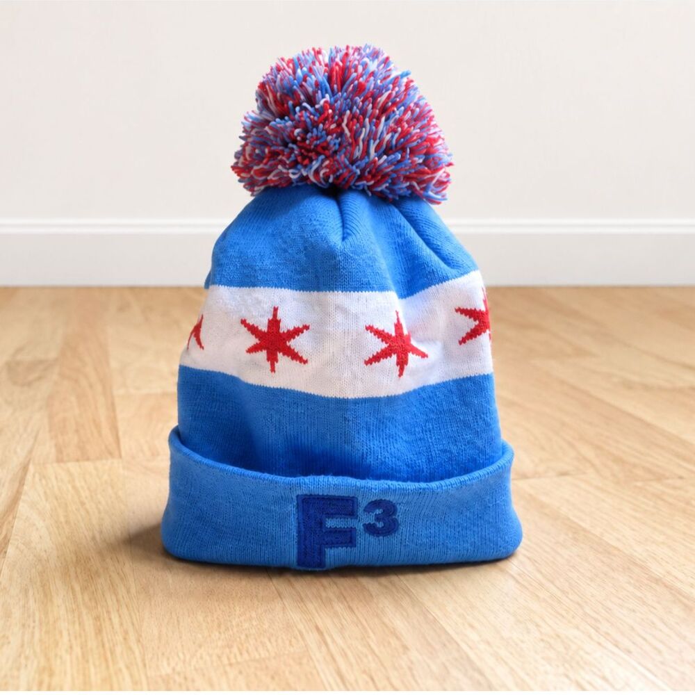 Chicago Flag Beanie Pom Pom Winter Knit Hat Blue Red White Stars Unisex